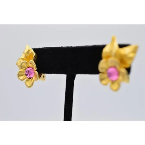Givenchy Vintage Cabochon Flower Clip On Earrings Pink Brushed Gold Signed BinX